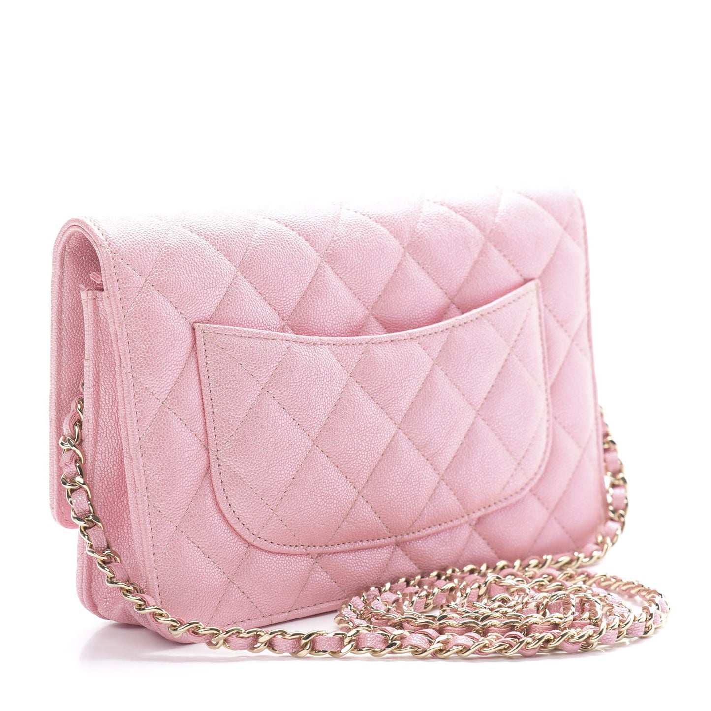 Iridescent Caviar Quilted Wallet on Chain WOC Pink