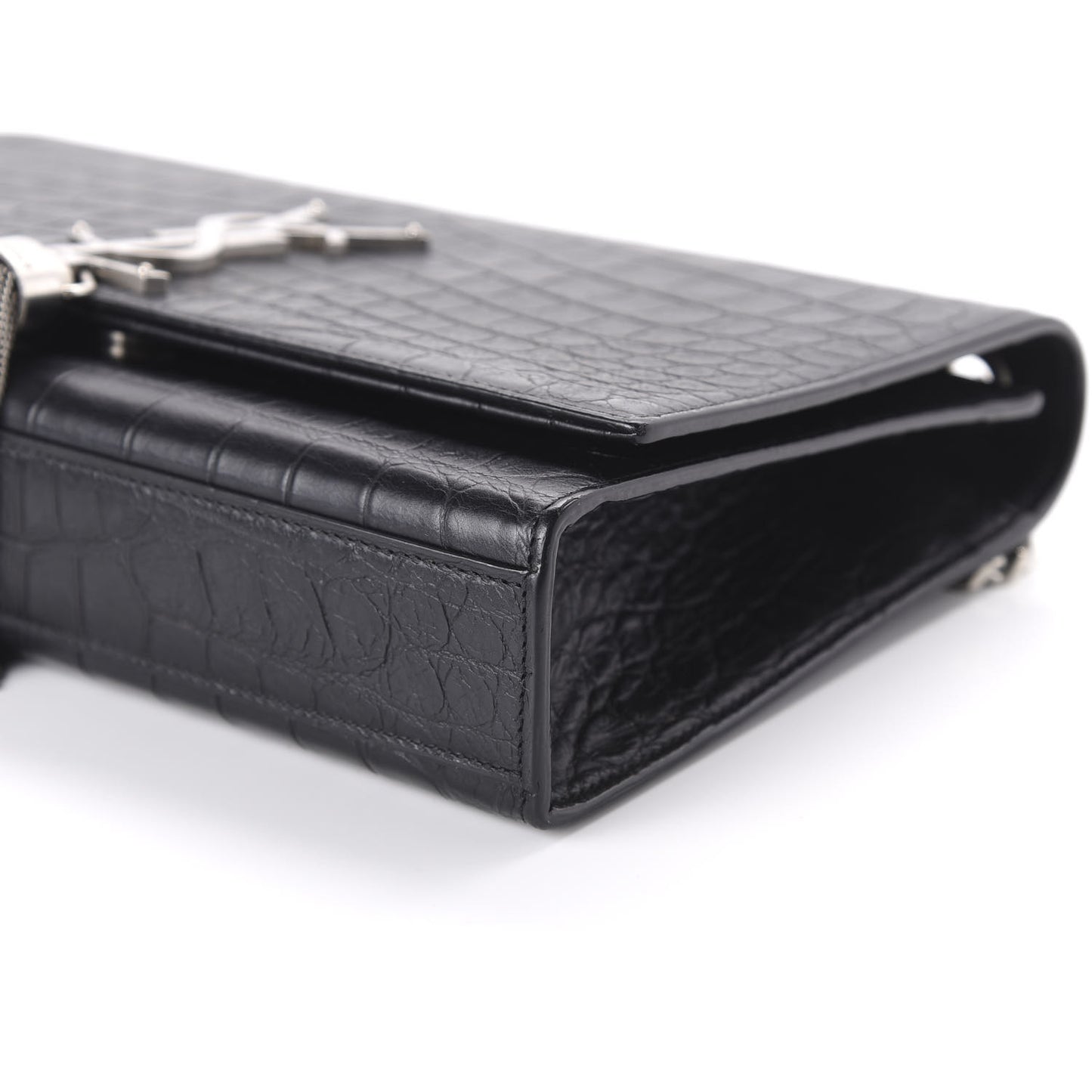 Calfskin Crocodile Embossed Medium Classic Monogram Kate Tassel Satchel Black