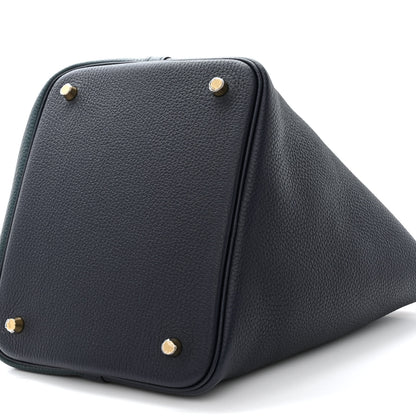 Hermes Taurillon Clemence Casaque Picotin Lock 22 MM Vert Cypres Bleu Nuit Black 10 of 12