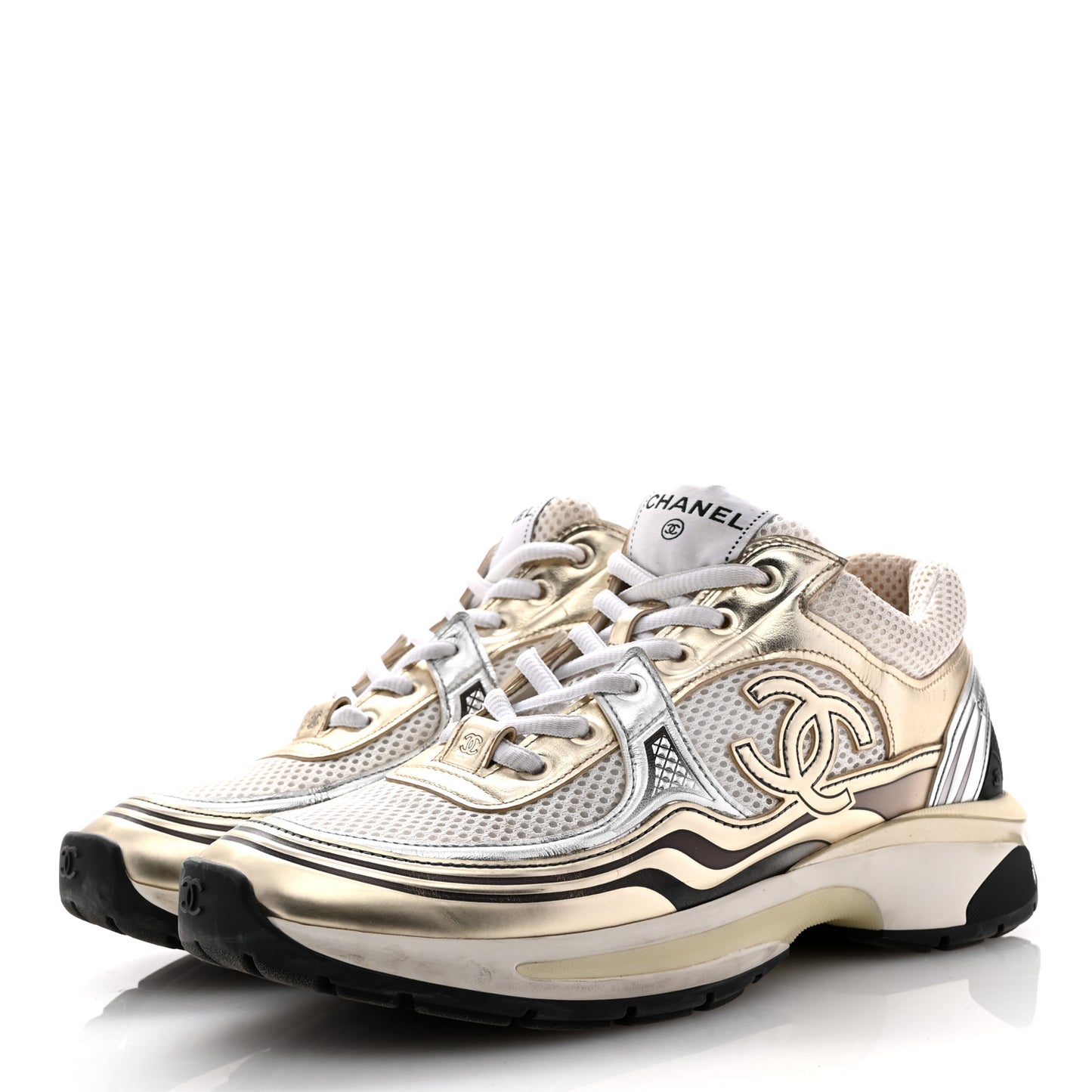 Fabric Laminated Calfskin Stretch CC Womens Sneakers 38.5 White Gold