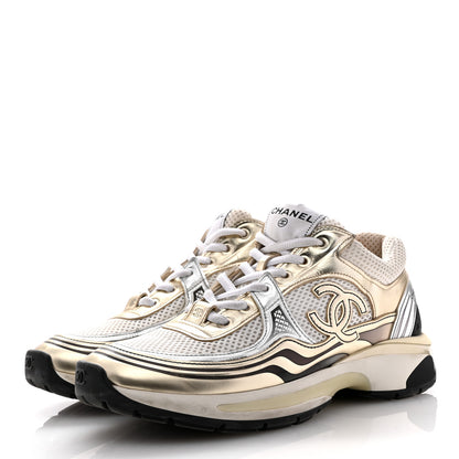 Chanel Fabric Laminated Calfskin Stretch CC Womens Sneakers 38.5 White Gold 4 of 13