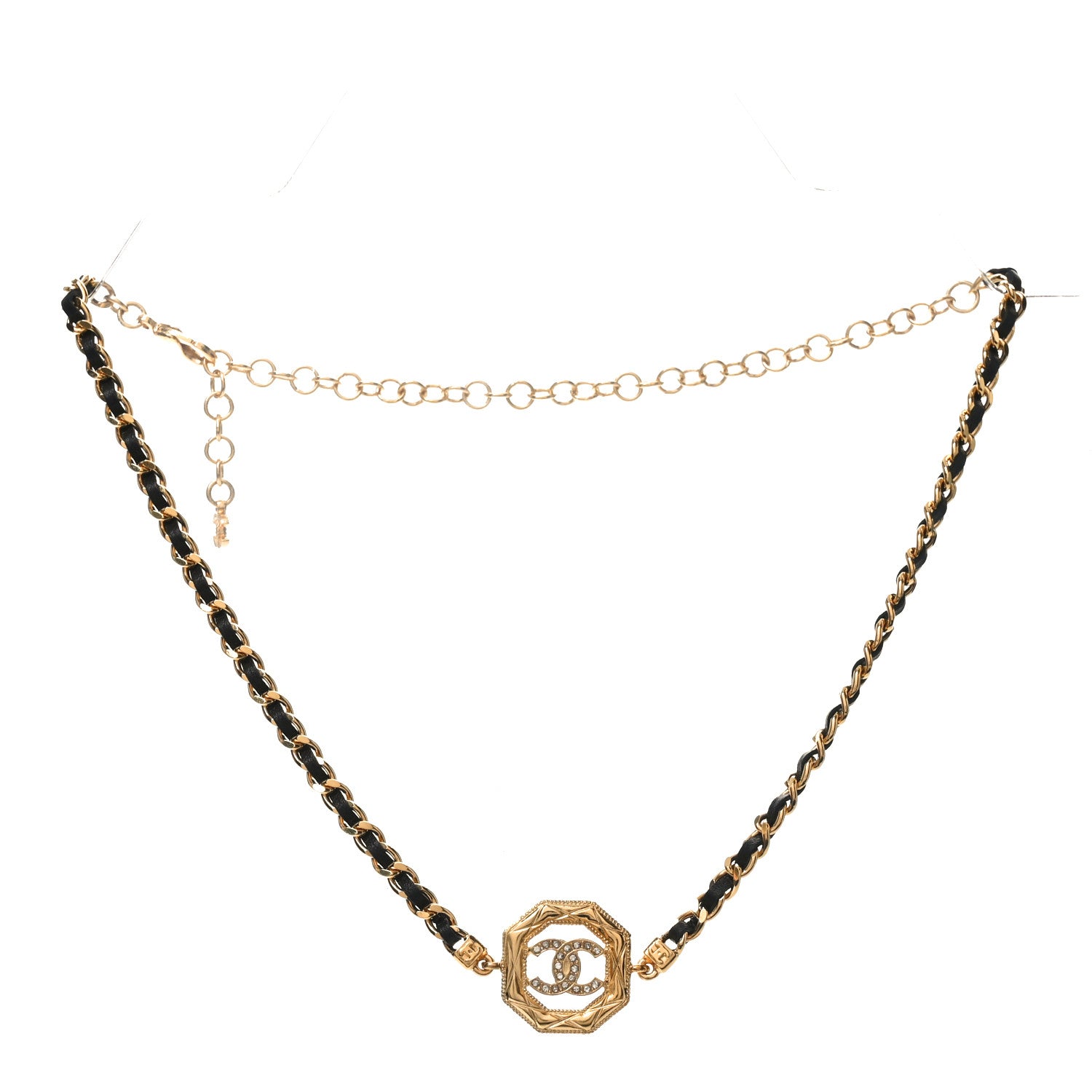 Chanel Metal Calfskin Crystal Chain CC Choker Necklace Black Gold 3 of 6