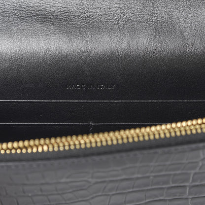 Saint Laurent Calfskin Crocodile Embossed Monogram Envelope Chain Wallet Black 6 of 13