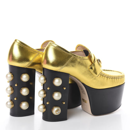 Gucci Malaga Kid Pearl Studded Vegas Platform Loafers 35 Gold 5 of 7