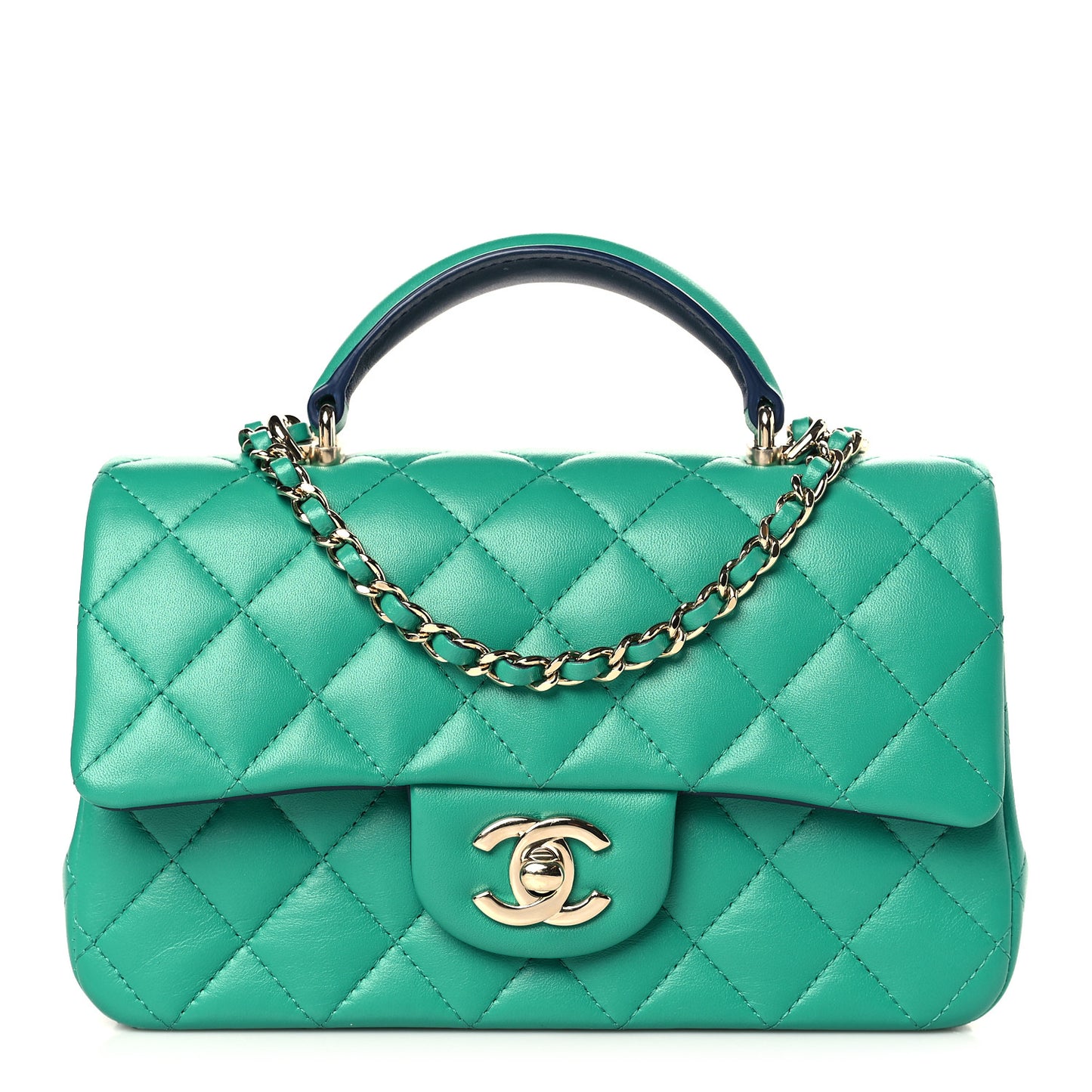 Lambskin Quilted Bi-Color Mini Top Handle Rectangular Flap Green Dark Blue