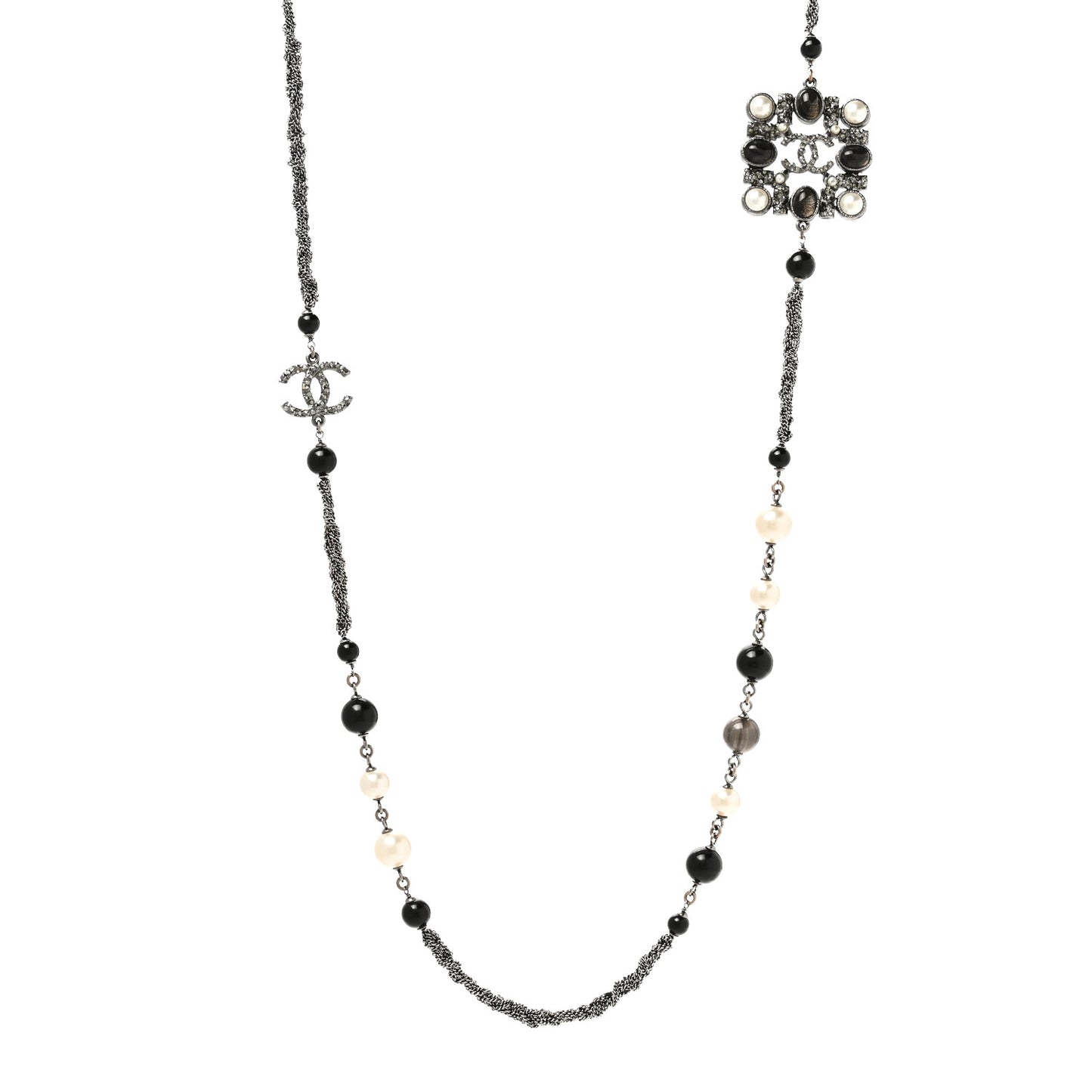 Pearl Bead Enamel CC Baroque Long Necklace Black Gold