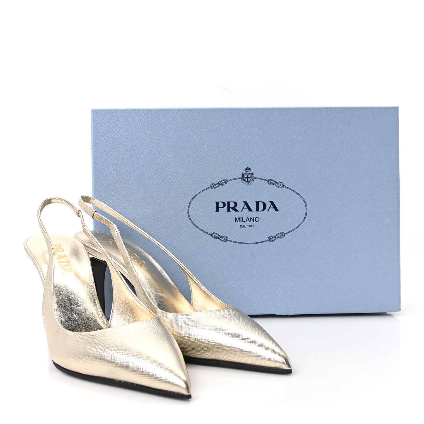 Metallic Calfskin Metal Triangle Logo 85mm Slingback Pumps 35 Platino