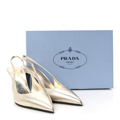 Prada Metallic Calfskin Metal Triangle Logo 85mm Slingback Pumps 35 Platino 9 of 9