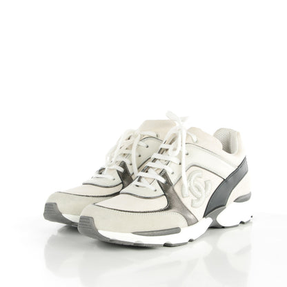 Chanel Suede Calfskin Canvas Goatskin CC Sneakers 38 White Gray 3 of 9