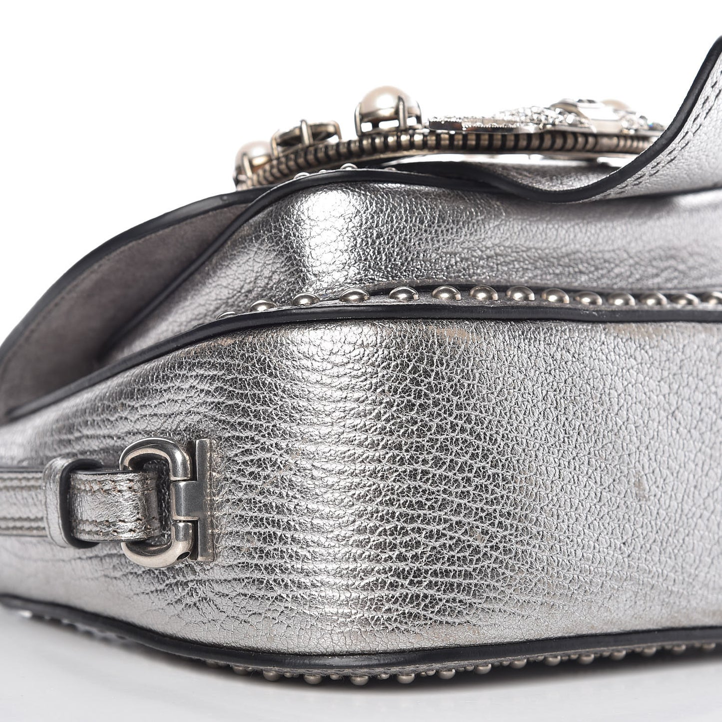 Metallic Goatskin Madras Stud Embellished Buckle Dahlia Shoulder Bag Chrome