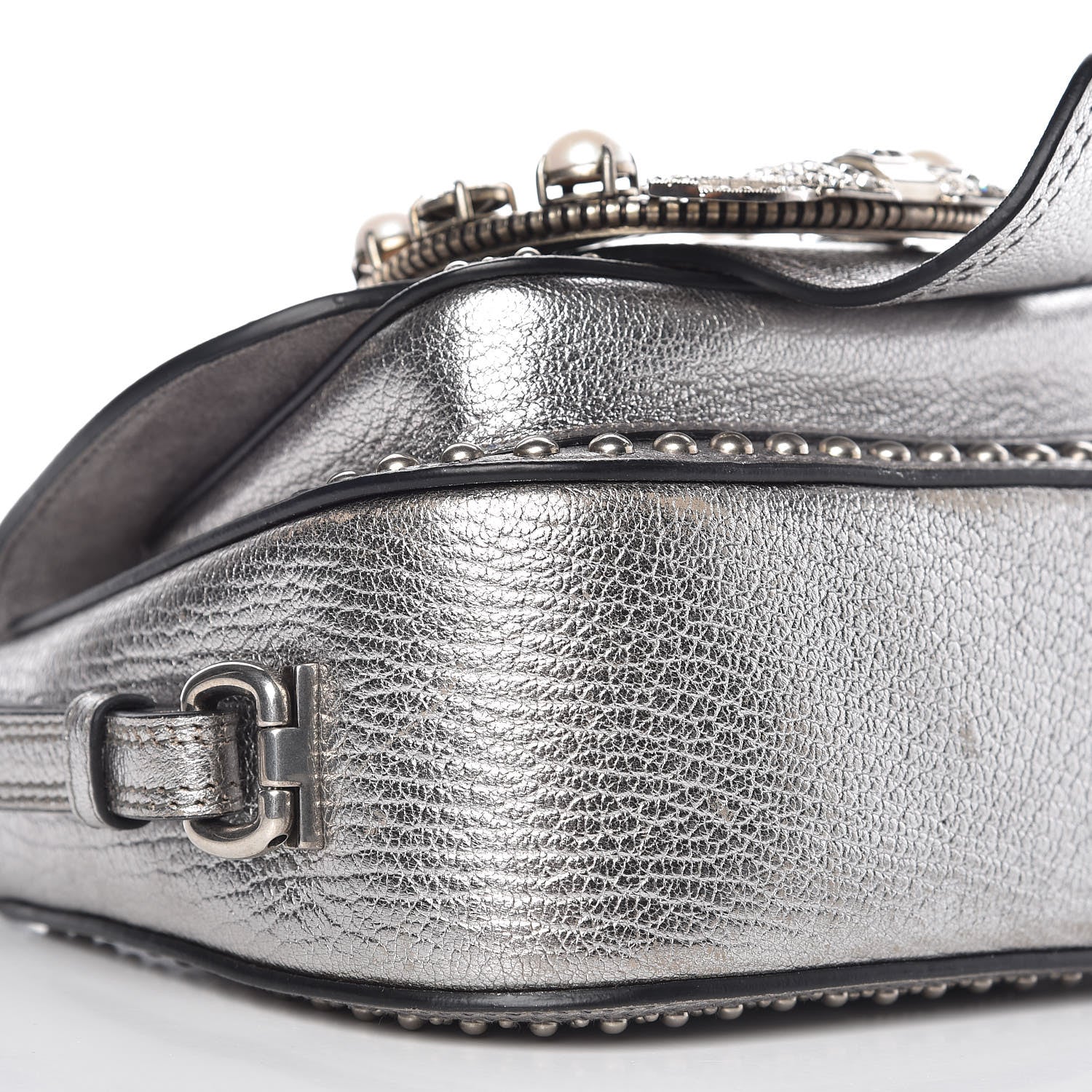Miu Miu Metallic Goatskin Madras Stud Embellished Buckle Dahlia Shoulder Bag Chrome 11 of 20