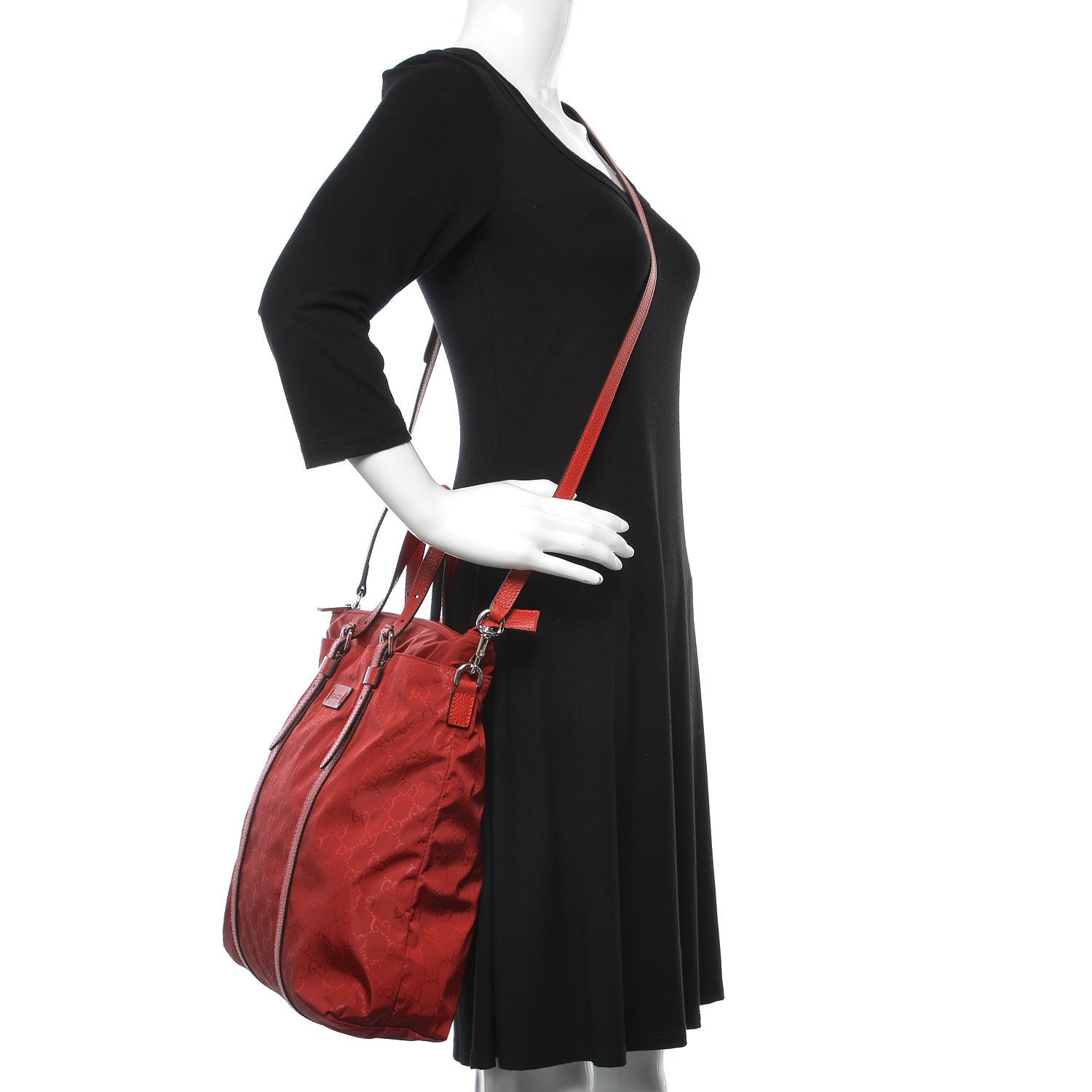 Gucci Nylon Monogram Dollar Calfskin Medium Vertical Tote Vibrant Red 2 of 10