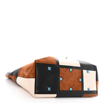 Salvatore Ferragamo Calfskin Suede Patchwork Studio Tote Black White Brown 4 of 9