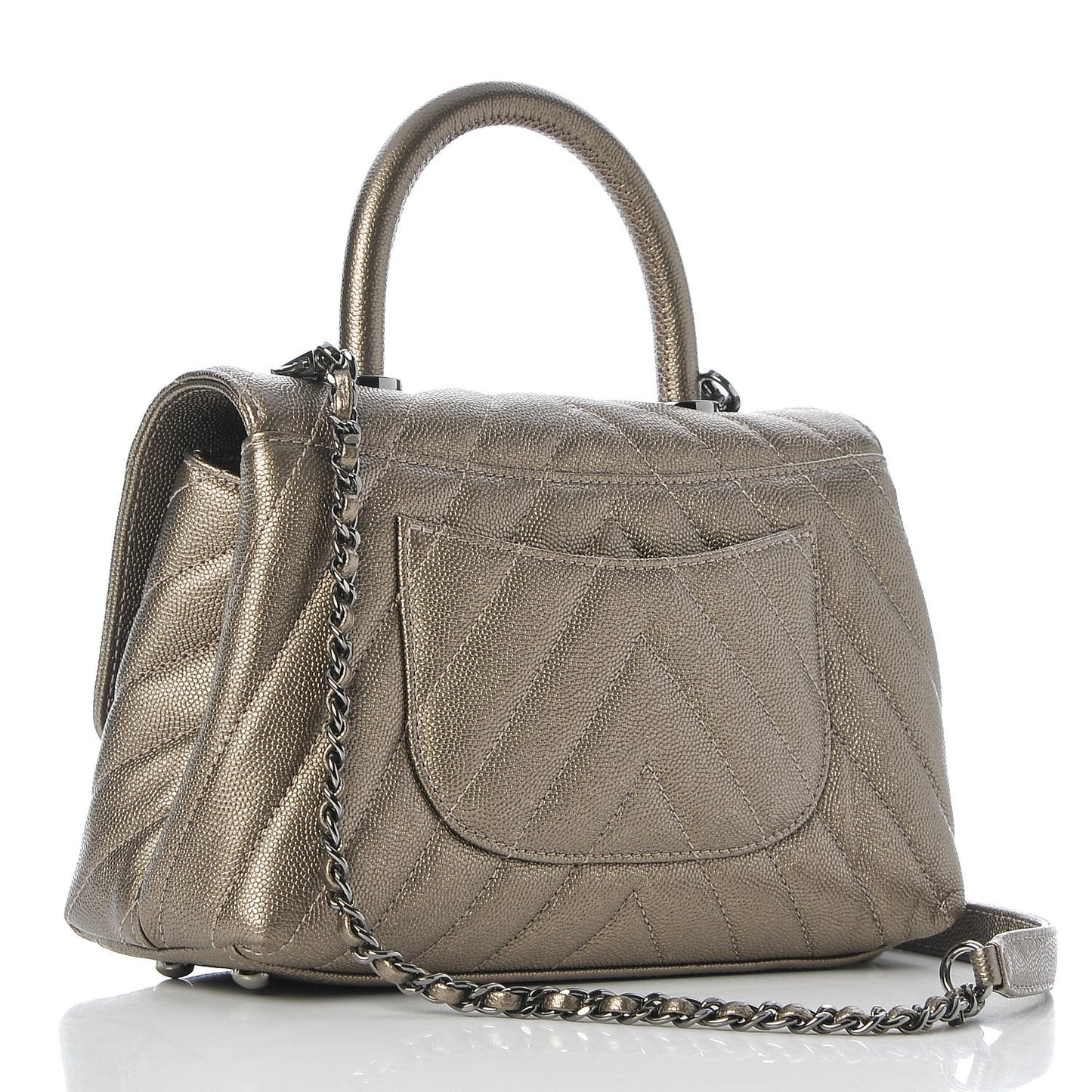 Metallic Caviar Chevron Quilted Mini Coco Handle Flap Light Gold