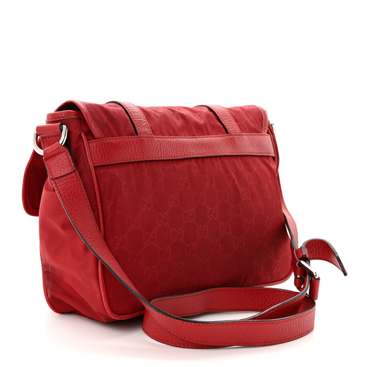 Gucci Nylon Monogram Double Buckle Flap Messenger Bag Vibrant Red 3 of 12