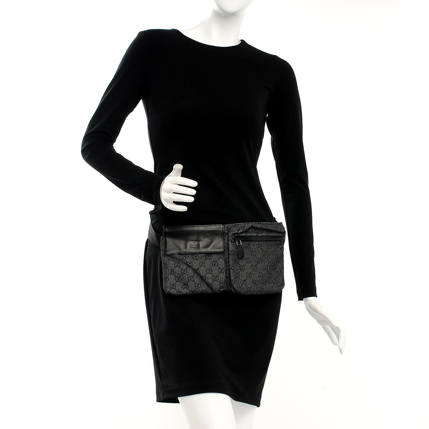 Gucci Denim Monogram Double Pocket Belt Bag Black 2 of 9