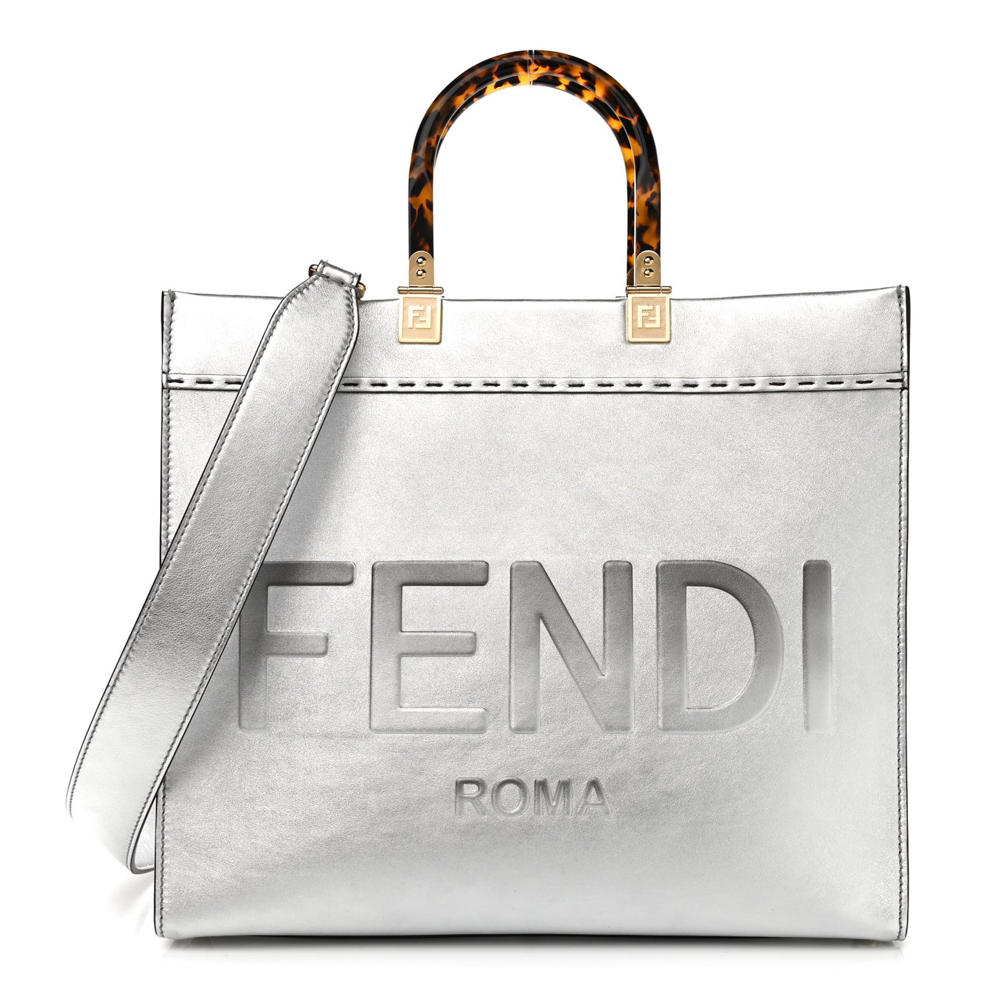 Vitello Catalan Mirror Plexiglass Logo Embossed Medium Fendi Sunshine Shopper Tote Argento