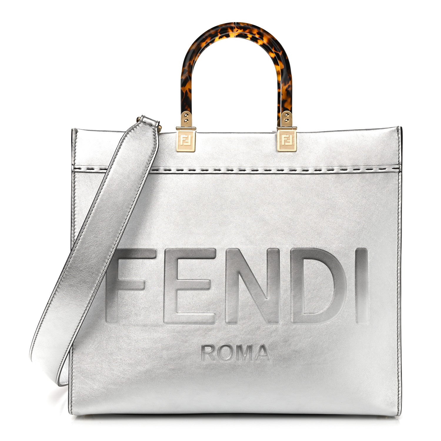 Fendi Vitello Catalan Mirror Plexiglass Logo Embossed Medium Fendi Sunshine Shopper Tote Argento 1 of 10