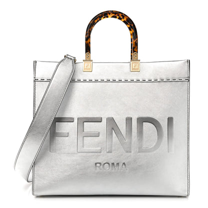 Fendi Vitello Catalan Mirror Plexiglass Logo Embossed Medium Fendi Sunshine Shopper Tote Argento 1 of 10