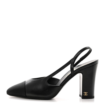Chanel Lambskin Grosgrain Cap Toe CC Slingback Pumps 37 Black 1 of 9
