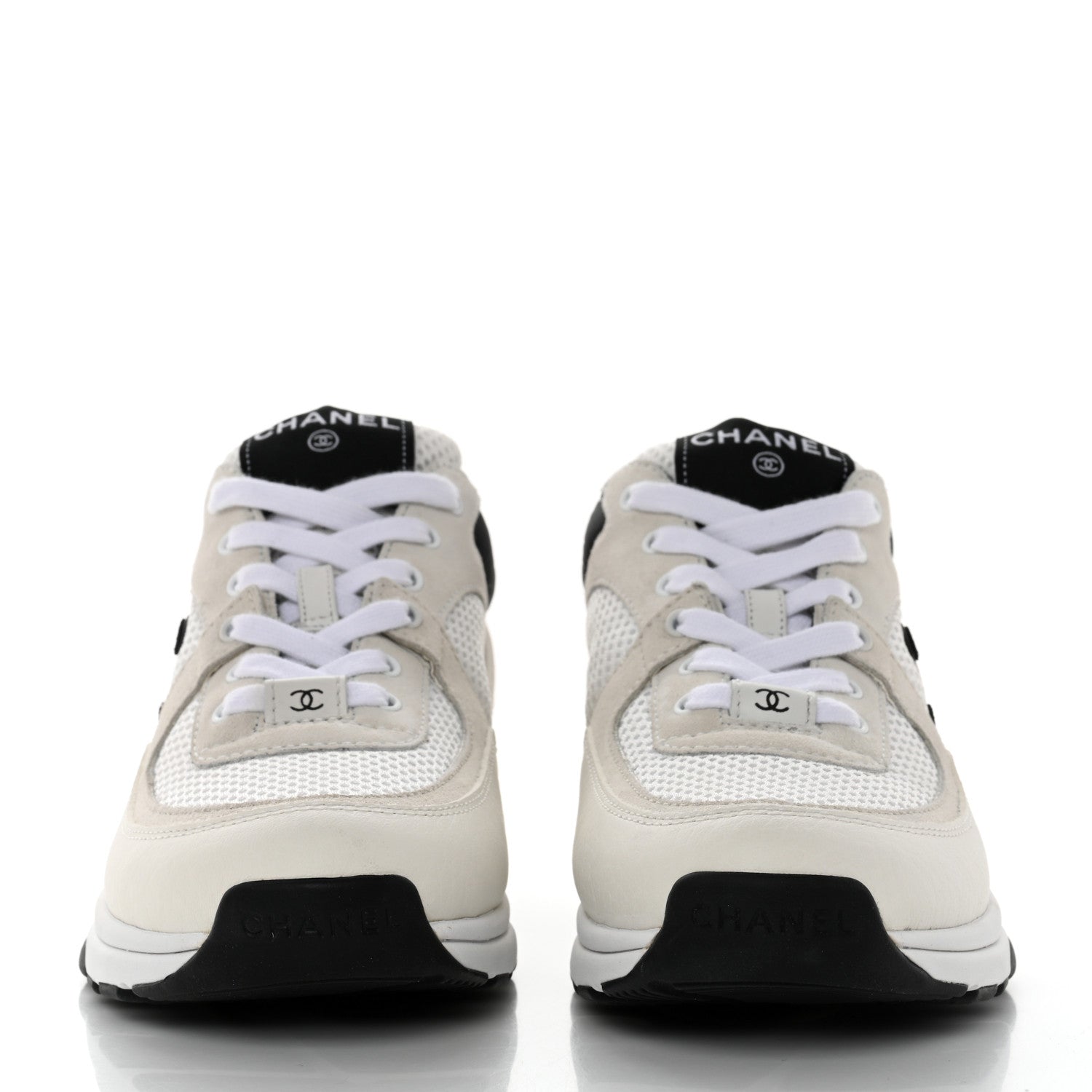 Chanel Mesh Suede Calfskin Grained Calfskin Womens CC Sneakers 36.5 White Black 2 of 9