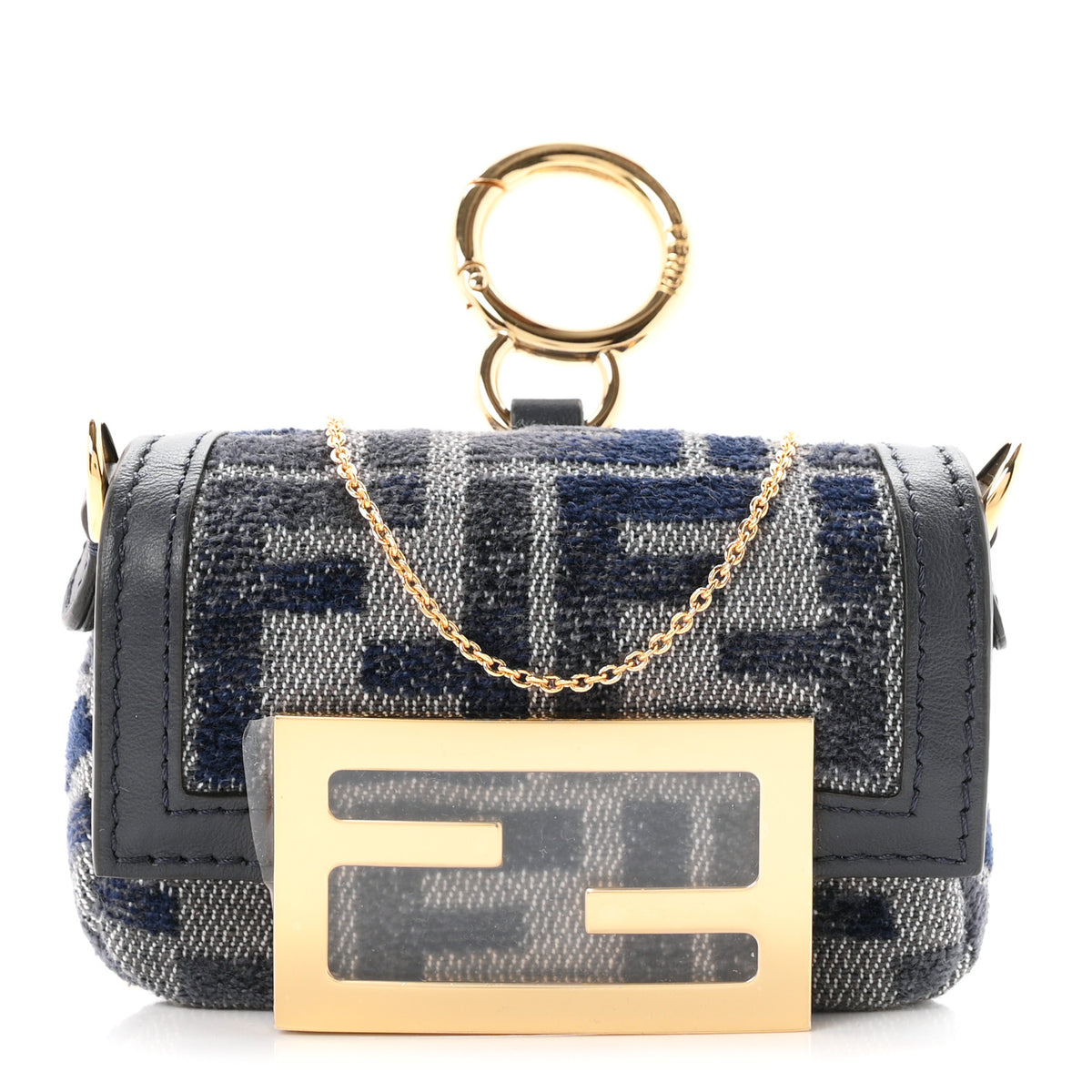 Fabric Vitello Jacquard FF Nano Maxi Buckle Baguette Charm Blue Grey