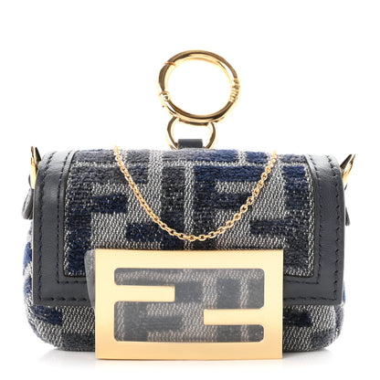 Fendi Fabric Vitello Jacquard FF Nano Maxi Buckle Baguette Charm Blue Grey 1 of 19