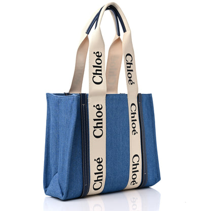 Chloe Denim Shiny Calfskin Medium Woody Ribbon Tote Navy 2 of 11