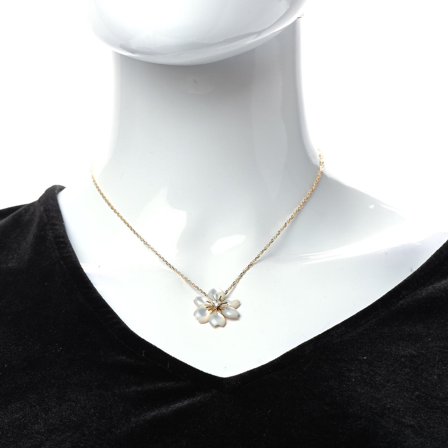 18K Yellow Gold Diamond Mother of Pearl Mini Rose De Noel Pendant Necklace