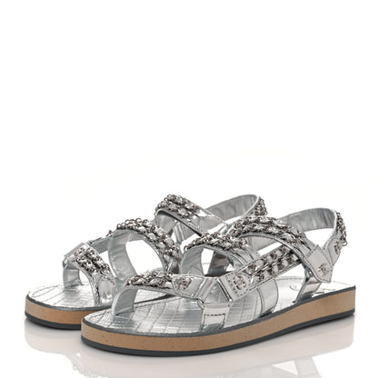 Chanel Metallic Laminated Goatskin Chain Flat Sandals 39 Silver 3 of 9