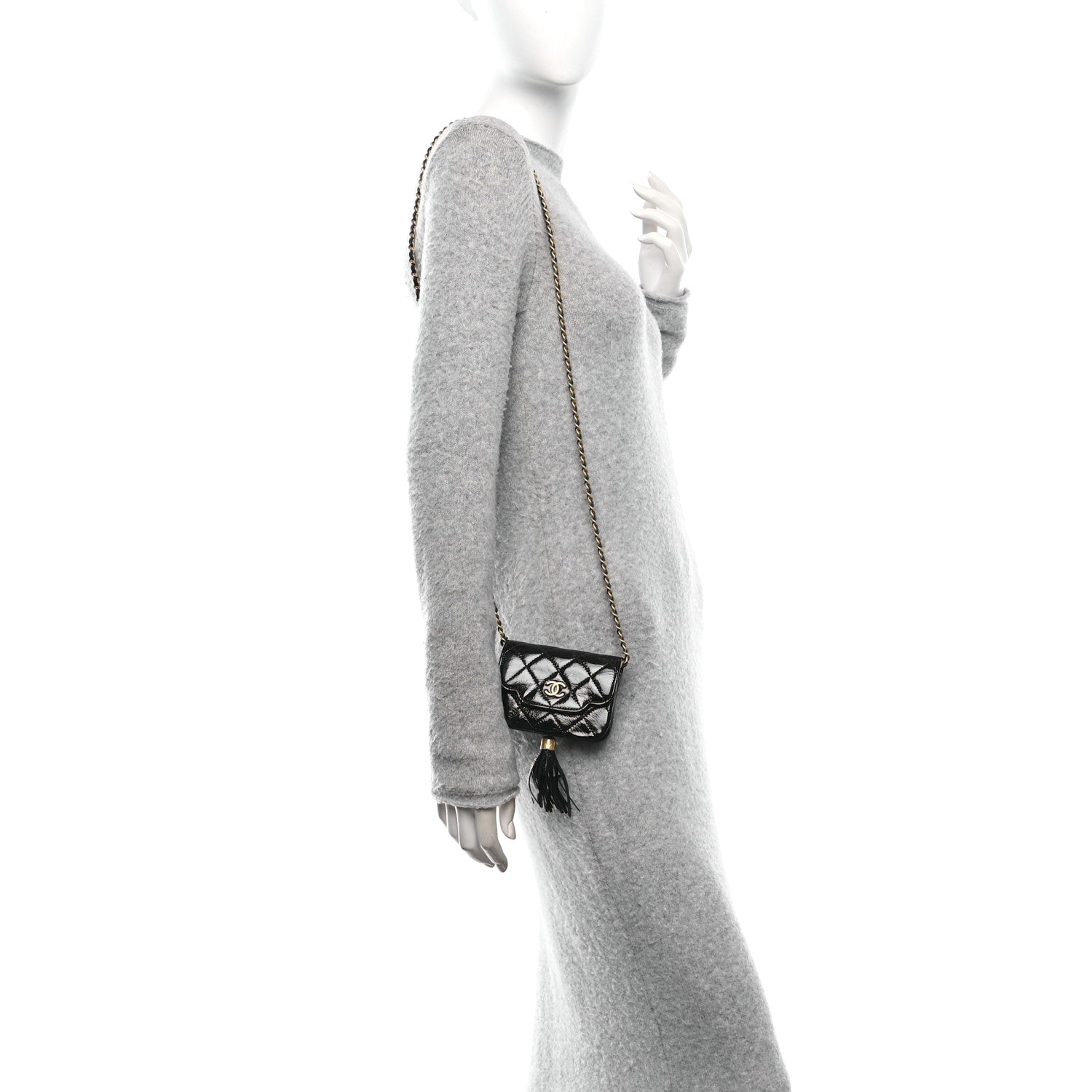 Chanel Crumpled Patent Lambskin Quilted Tassel Clutch With Chain Black 2 of 11