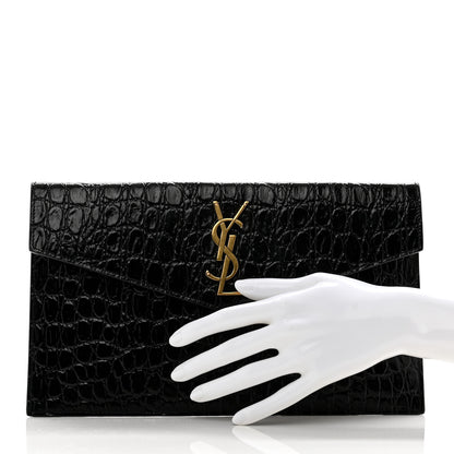 Saint Laurent Calfskin Crocodile Embossed Uptown Monogram Clutch Black 2 of 7