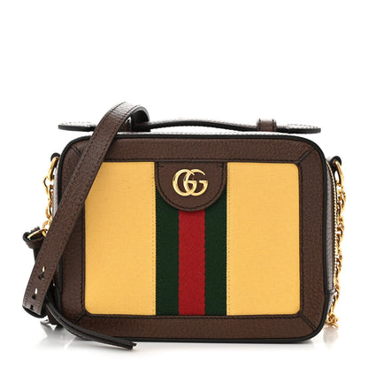 Gucci Canvas Textured Calfskin Web Mini Ophidia Top Handle Shoulder Bag Easy  Yellow Dark Brown 1 of 11
