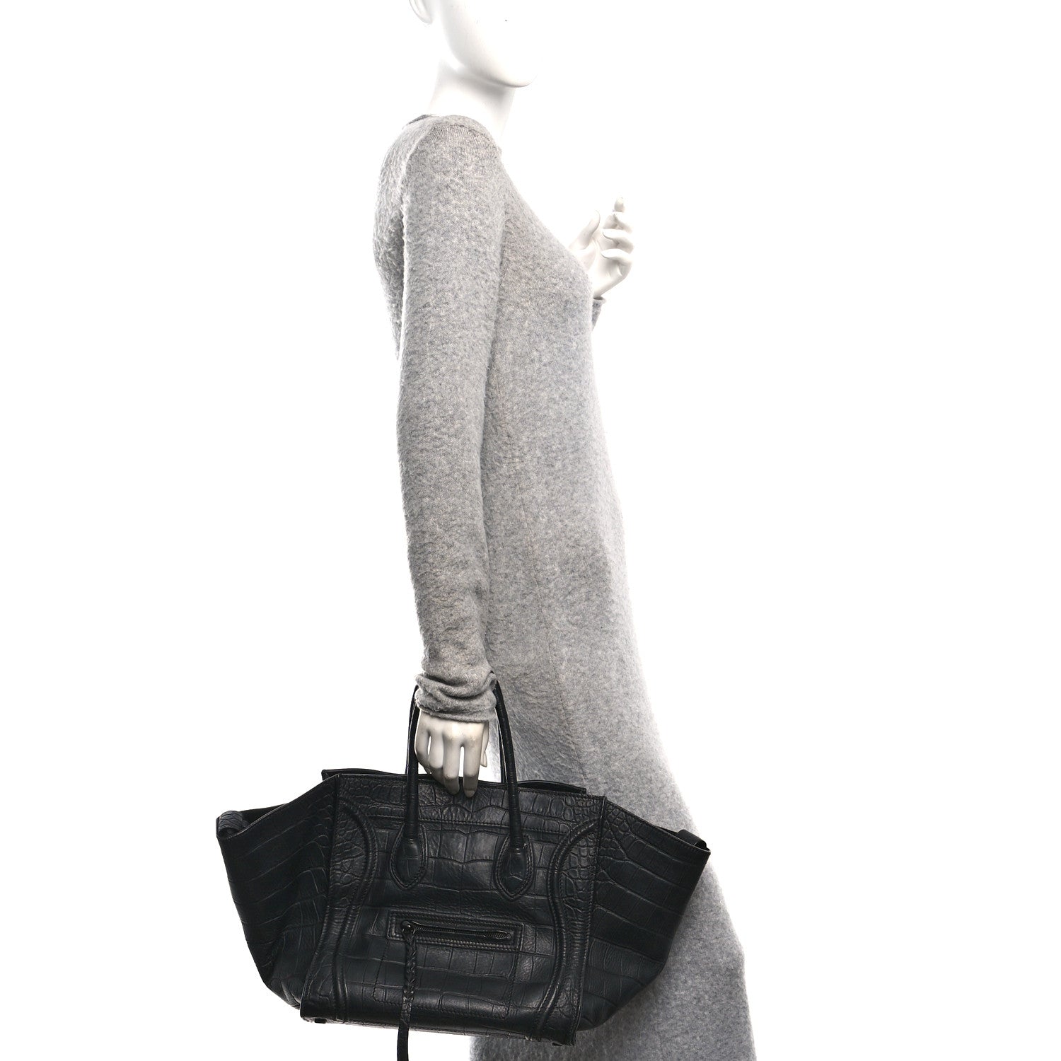 Celine Crocodile Embossed Calfskin Medium Phantom Luggage Black 2 of 11