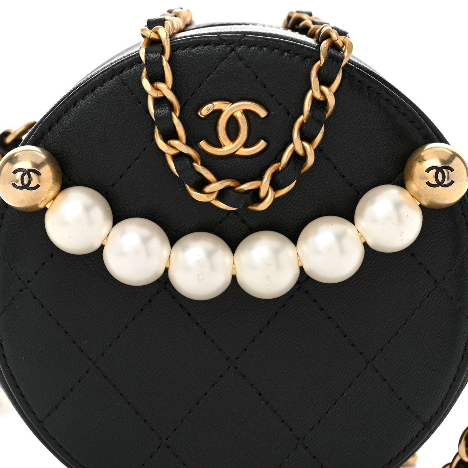Chanel Goatskin Quilted Chic Pearls Chain Round Clutch With Chain Black 8 of 10