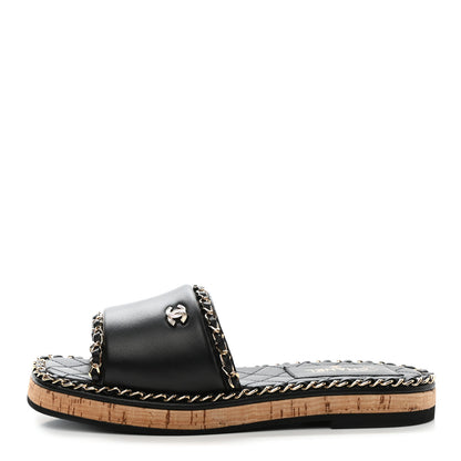 Chanel Lambskin Chain Cork Slide Sandals 36 Black 1 of 9