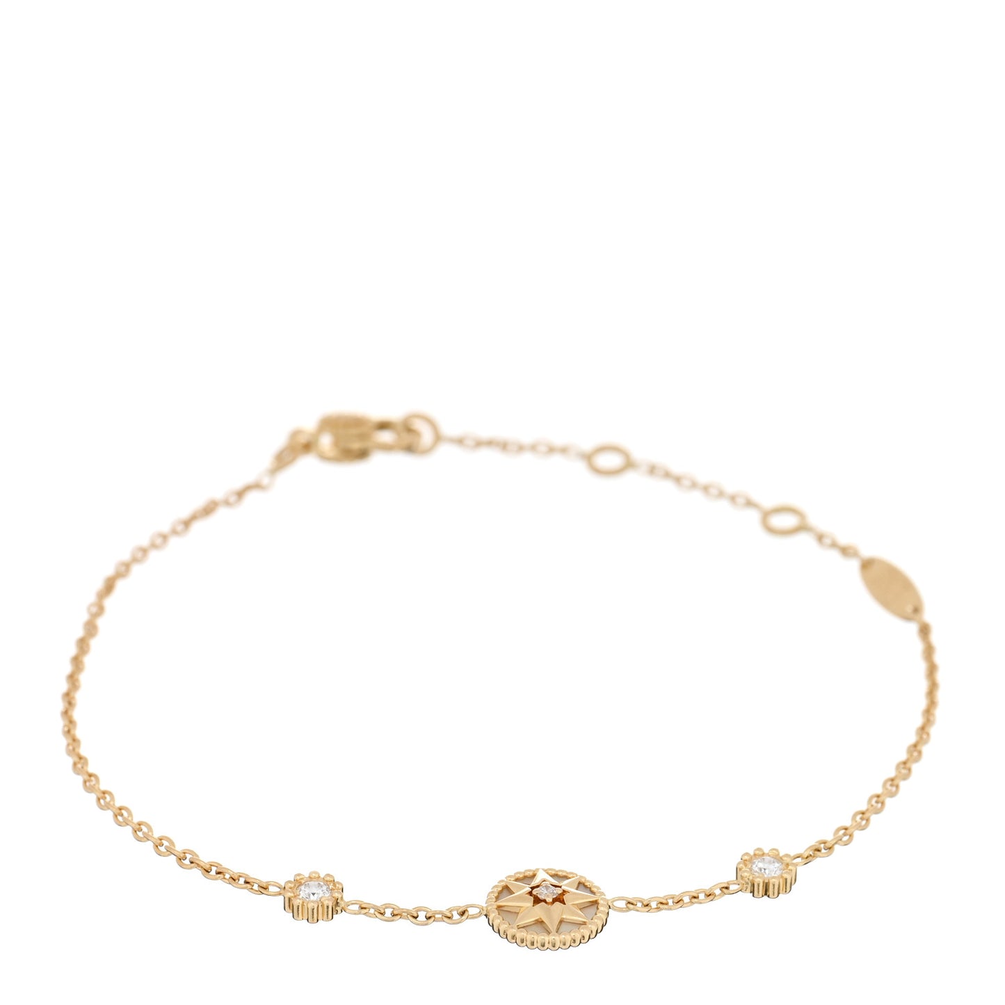 18K Yellow Gold Diamond Mother of Pearl 3 Station Rose Des Vents Bracelet