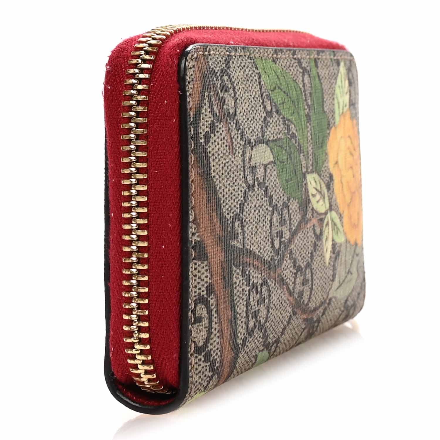 Gucci GG Supreme Monogram Tian Zip Around Card Case Wallet Beige