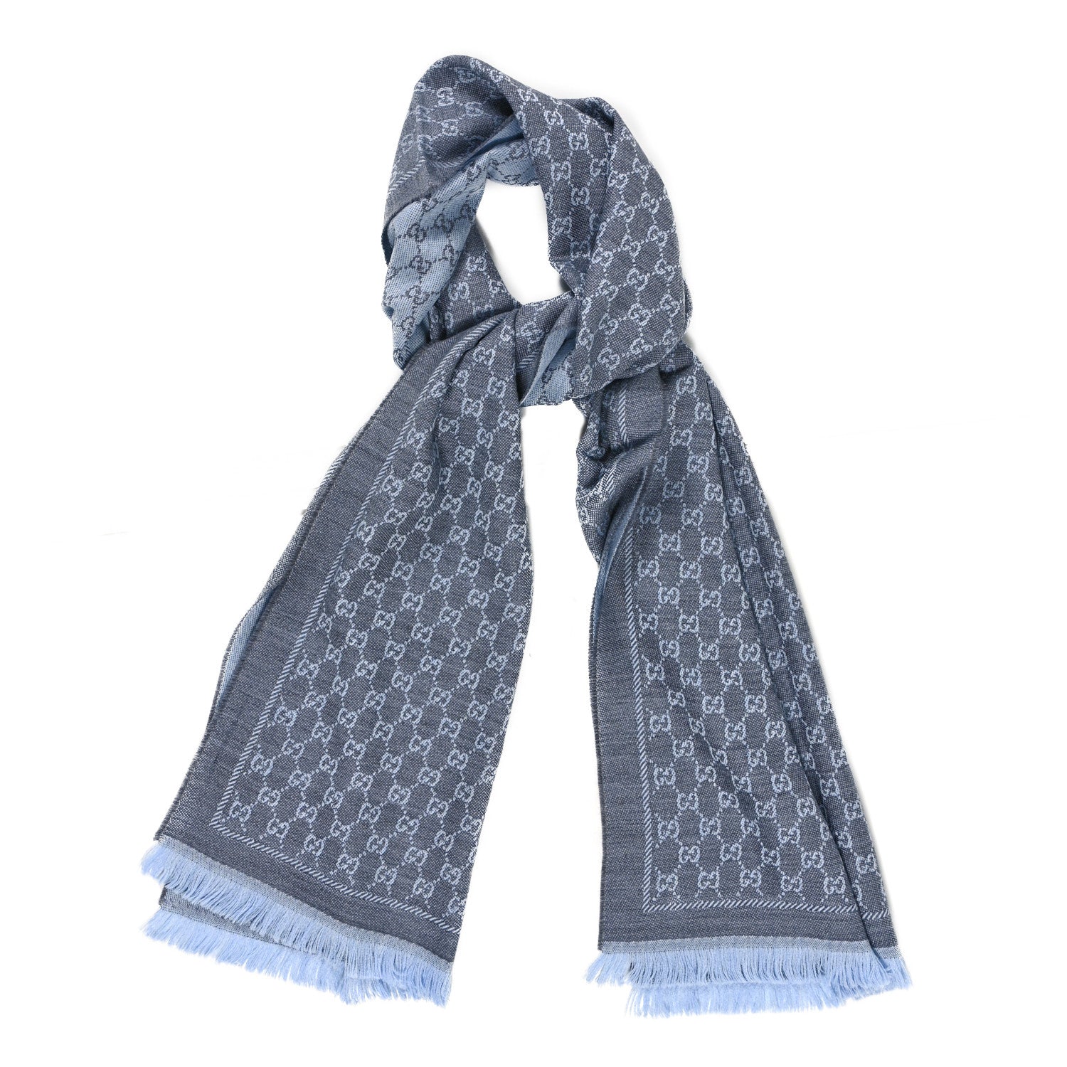 Gucci Wool GG Monogram Reversible New Sten Fringe Scarf Flannel Sky Blue 1 of 4