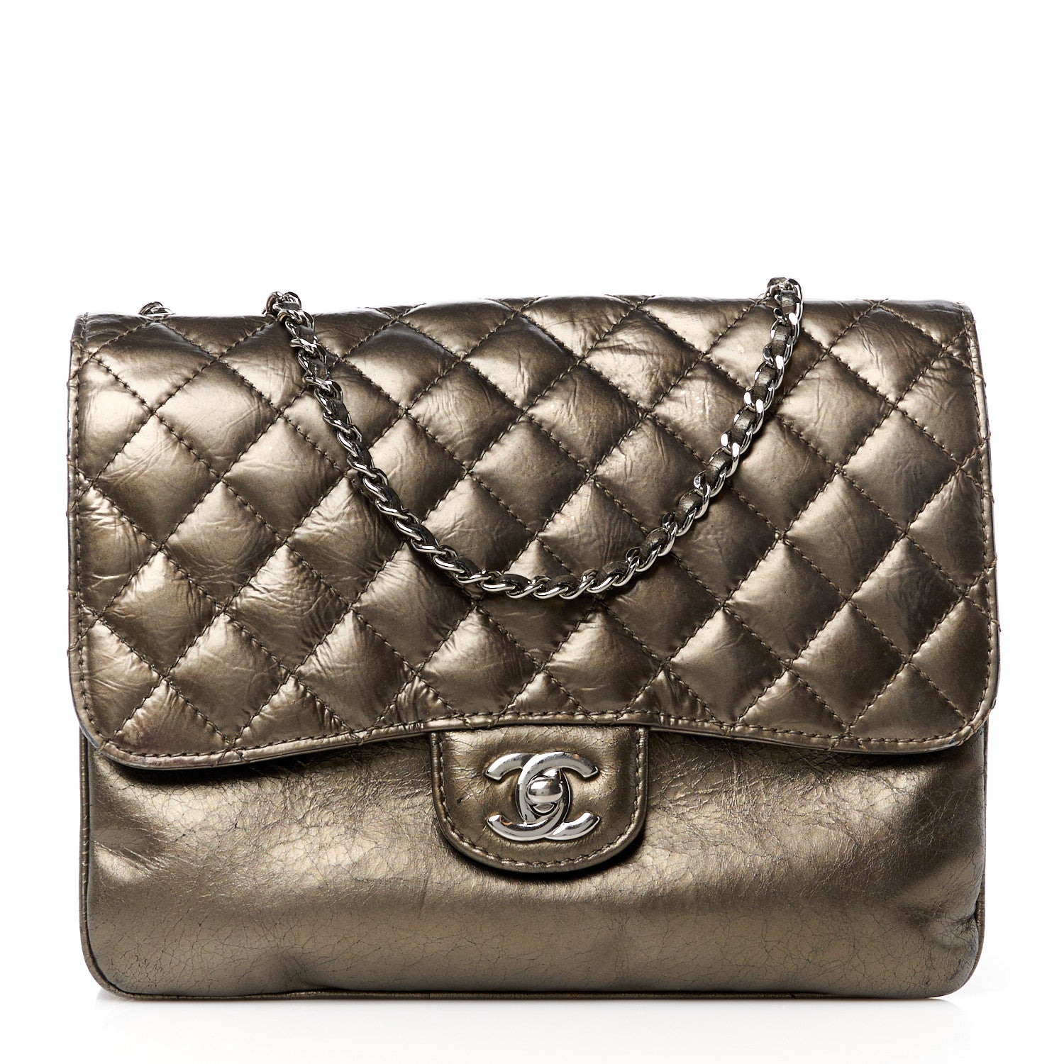 Chanel Metallic Crackled Calfskin Medium Clam's Pocket Flap Dark Silver 1 of 15