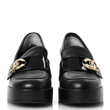 Chanel Lambskin Pearl Crystal Quilted CC Loafers 38 Black 3 of 17