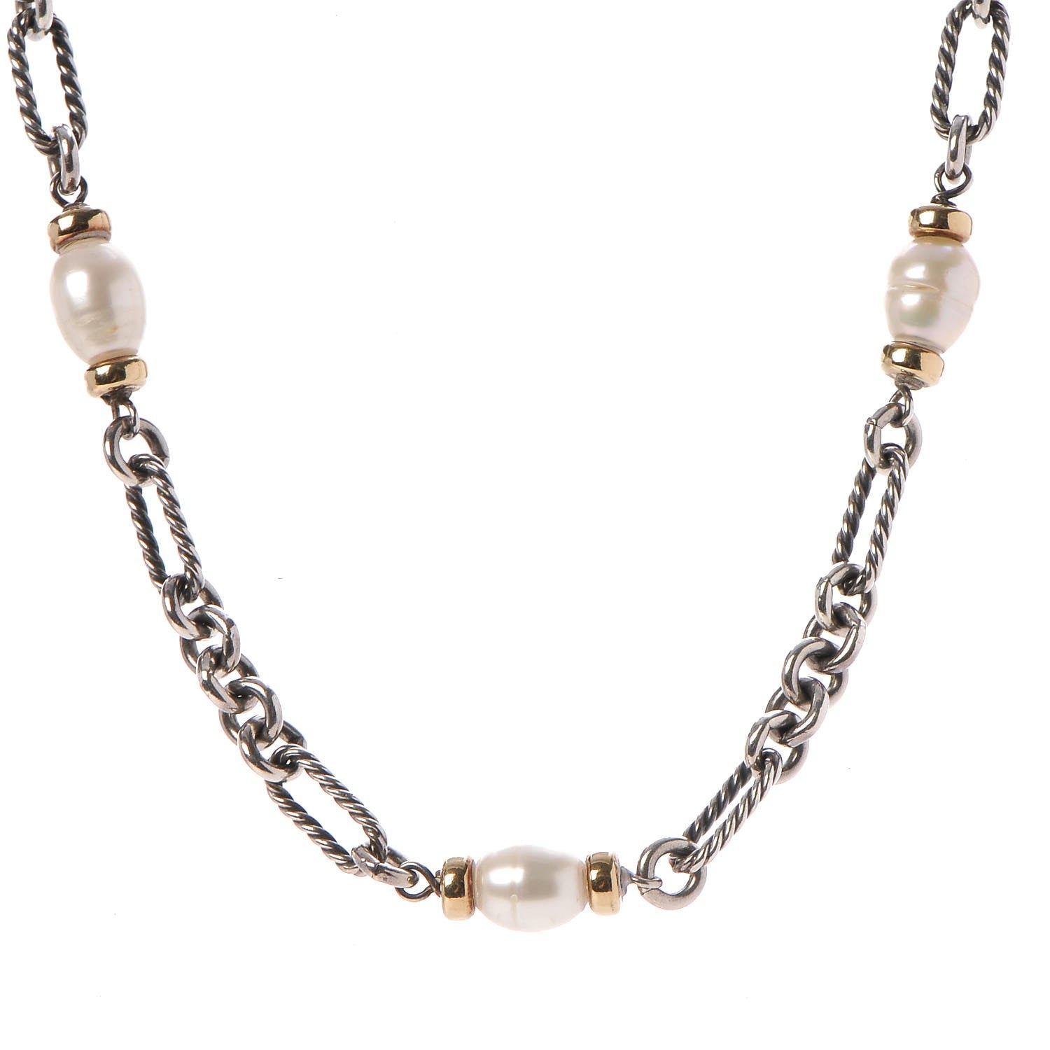David Yurman Sterling Silver 18K Yellow Gold Baroque Pearl Figaro Chain Necklace 1 of 4