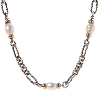 David Yurman Sterling Silver 18K Yellow Gold Baroque Pearl Figaro Chain Necklace 1 of 4