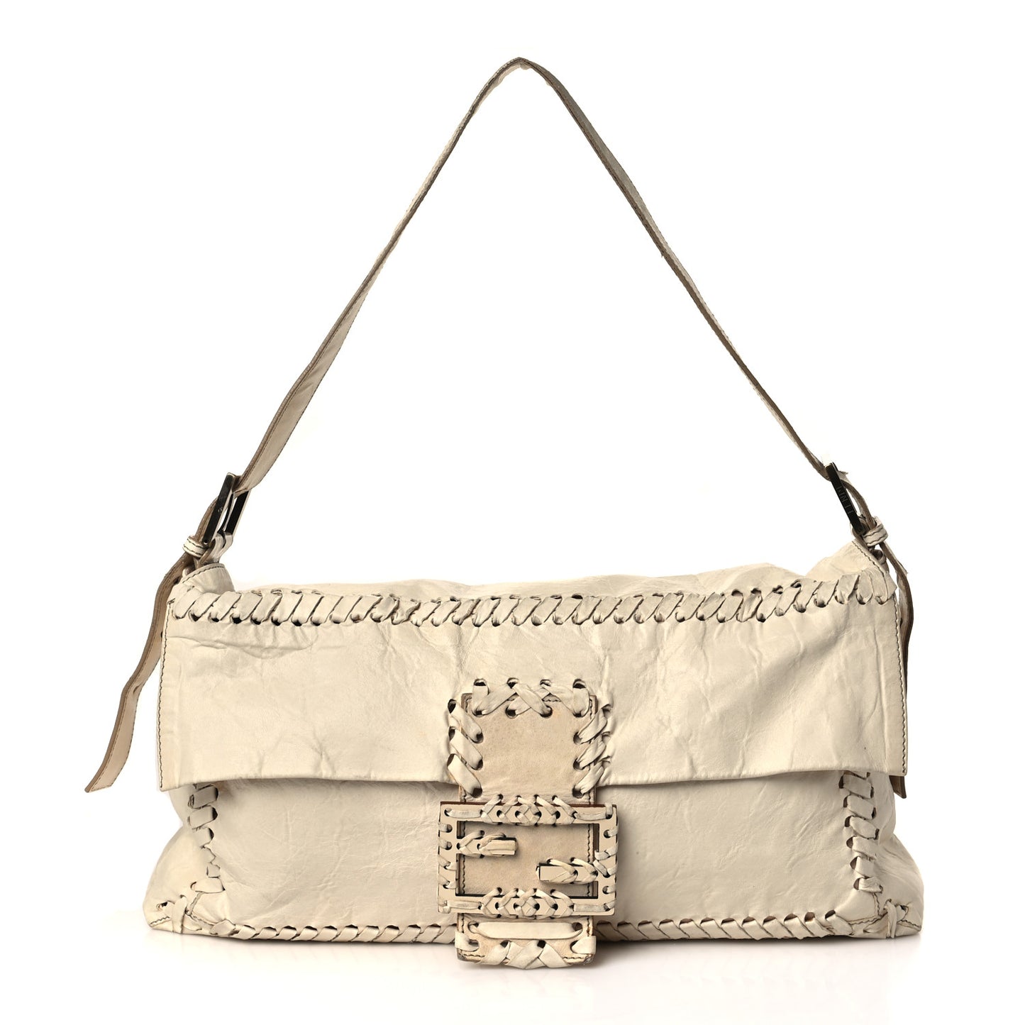 Goatskin Whipstitch Large Convertible Baguette White