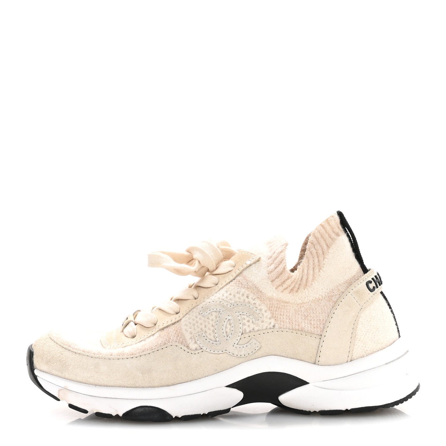 Chanel Knit Fabric Suede Calfskin Womens CC Sneakers 36 Ivory
