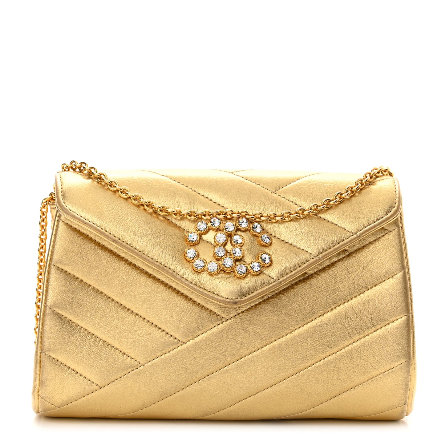 Metallic Lambskin Crystal Chevron Chain Clutch Gold