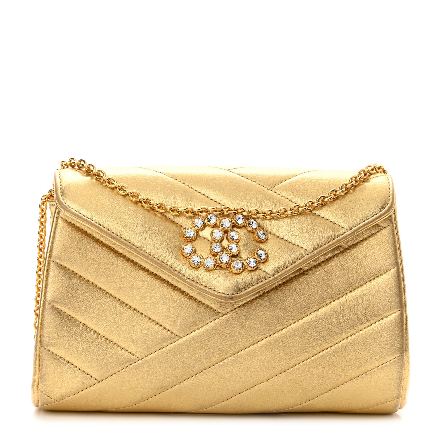 Chanel Metallic Lambskin Crystal Chevron Chain Clutch Gold 1 of 11
