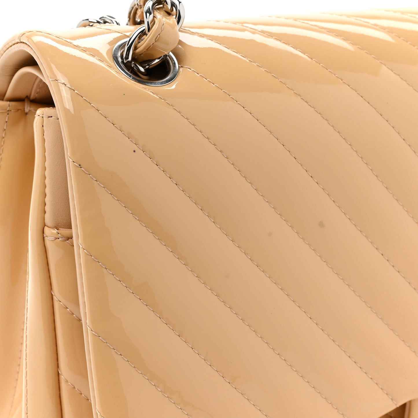 Patent Chevron Quilted Jumbo Double Flap Beige