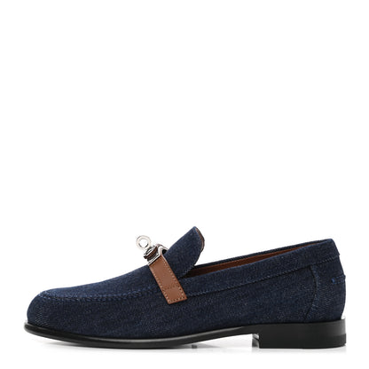 Hermes Denim Canvas Calfskin Womens Destin Loafer 36 Bleu Brut Gold 1 of 9