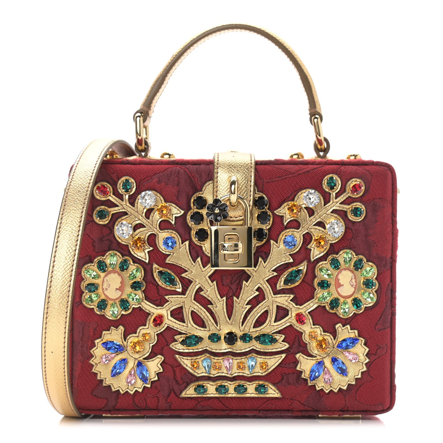 Brocade Dauphine Crystal Embellished Box Bag Red Gold